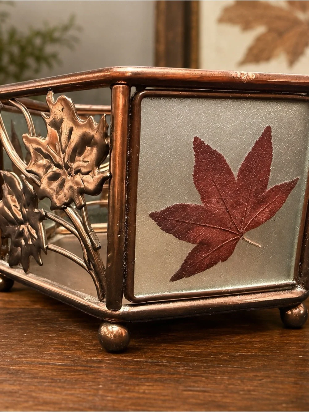 Vintage Kmart Copper Tone Maple Leaf Glass Candle Holder Fall Autumn Decor